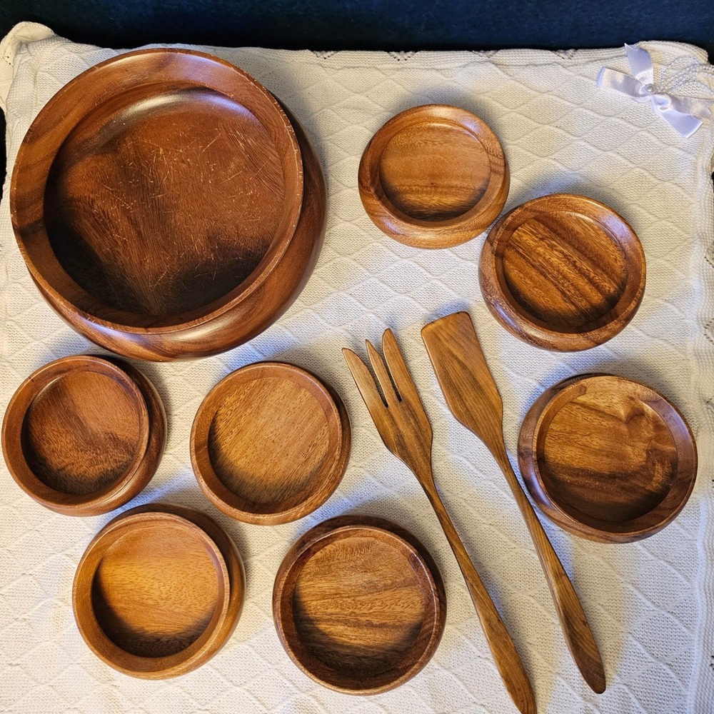 Vintage MCM Monkeypod Wood Salad Bowl Set 10 Piece Set Hawaiian‎ Hand Carved
